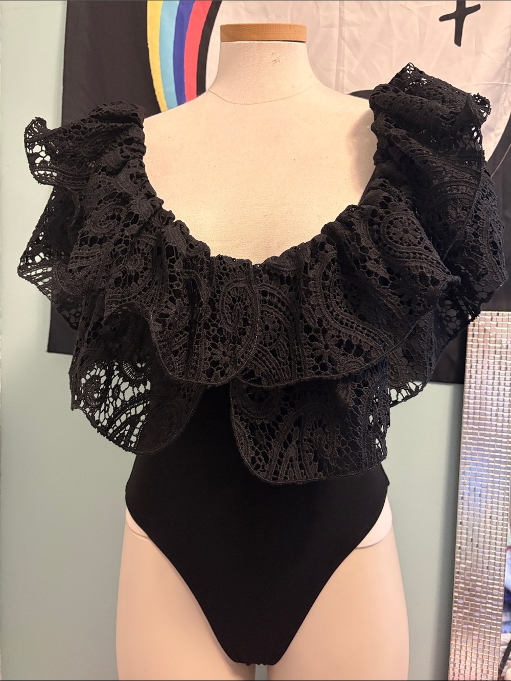Black Lace Ruffle Off-Shoulder Bodysuit